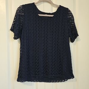 TanJay Navy Crocheted Blouse Top Sz M Short Sleeved
